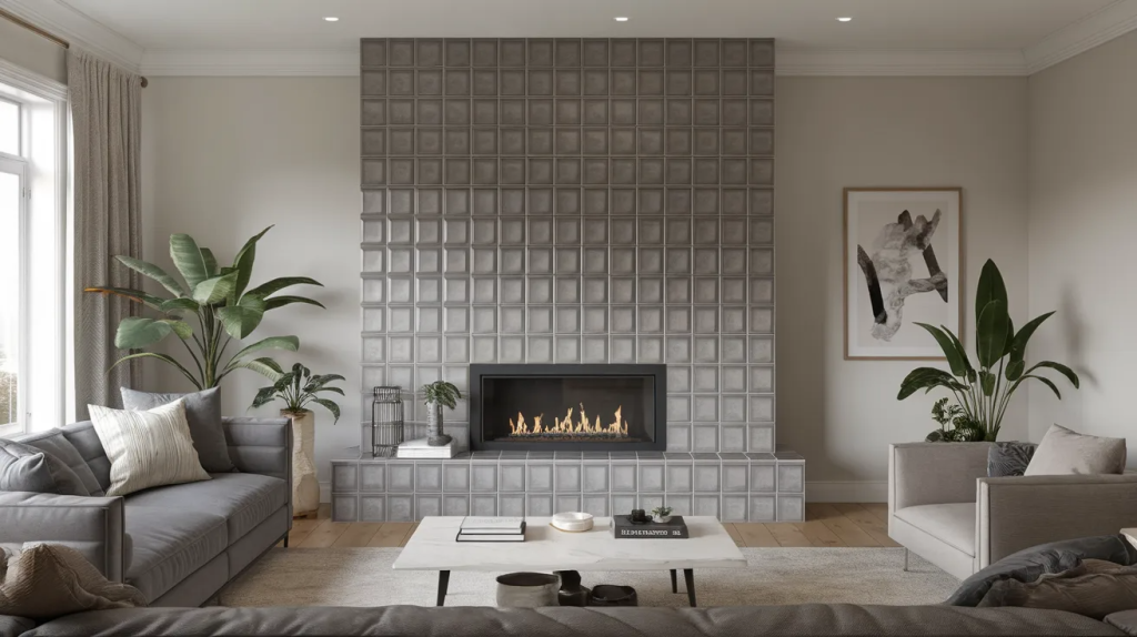 living room with matching tile fireplace surround and accent wall, seamless design, neutral palette, modern style