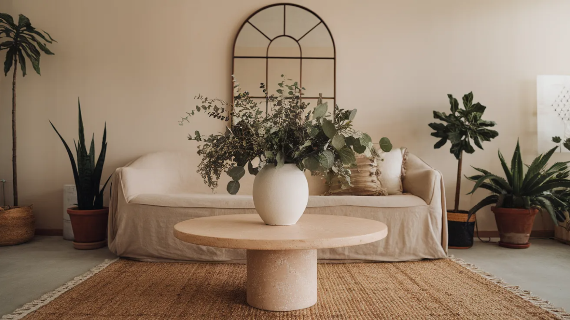 living space with organic shapes and soft neutral tones