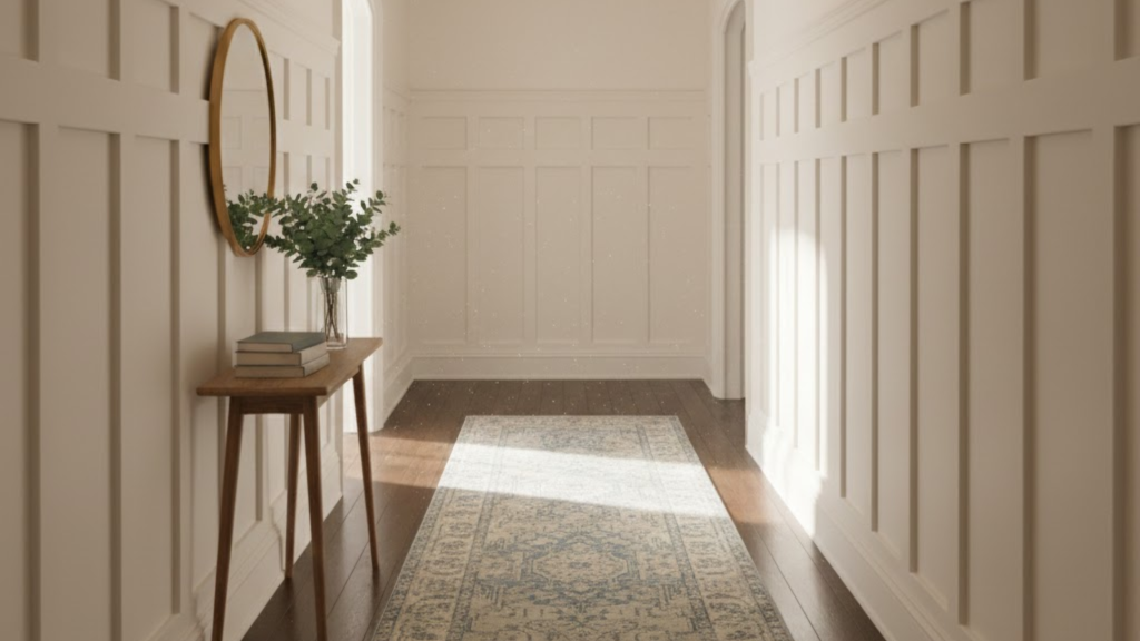 long hallway with board and batten panels and even spacing to break up the length of the space