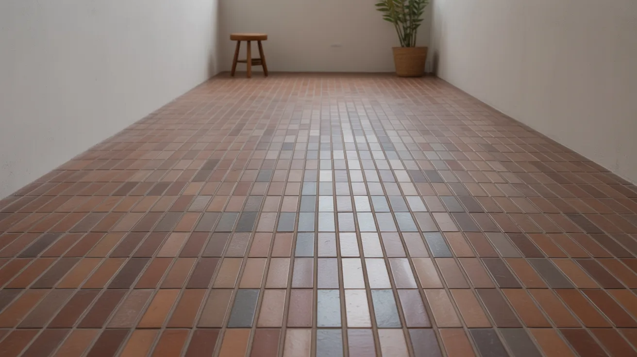 long narrow room with small rectangular tile floor in warm earth tones, white walls, a wooden stool and potted plant at the end