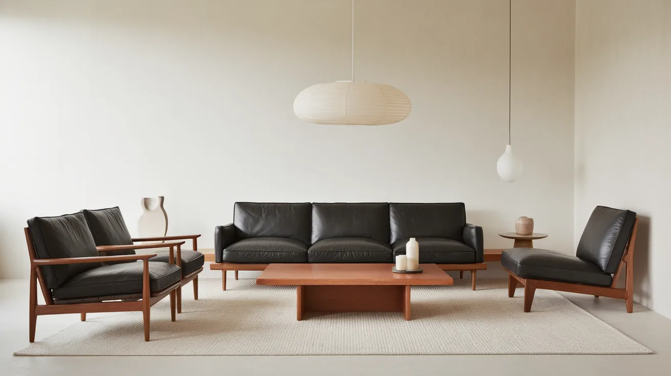 low profile bauhaus living room with simple sofa, clean lines, neutral colors, and functional modern furniture
