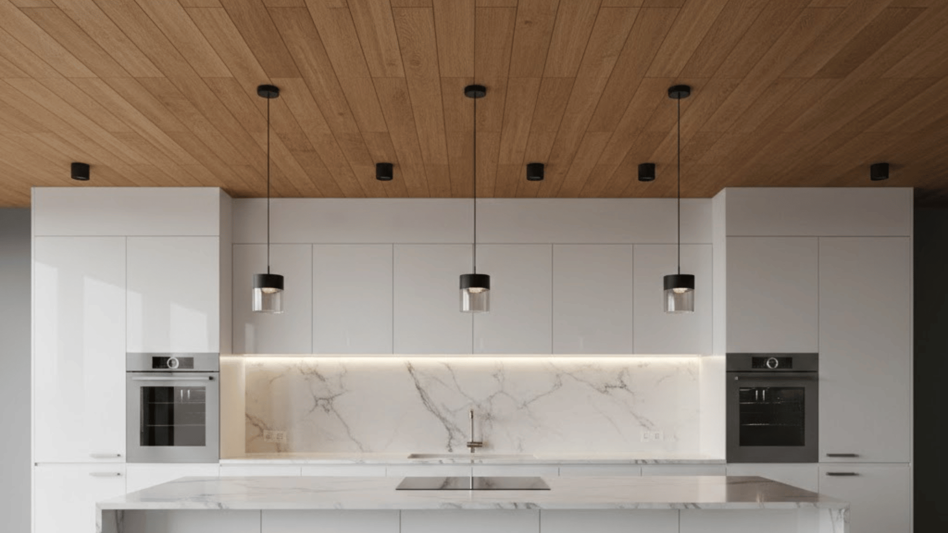 luxurious kitchen featuring a matte wood ceiling, glossy white cabinets, a marble island, and sleek hanging pendant lights.