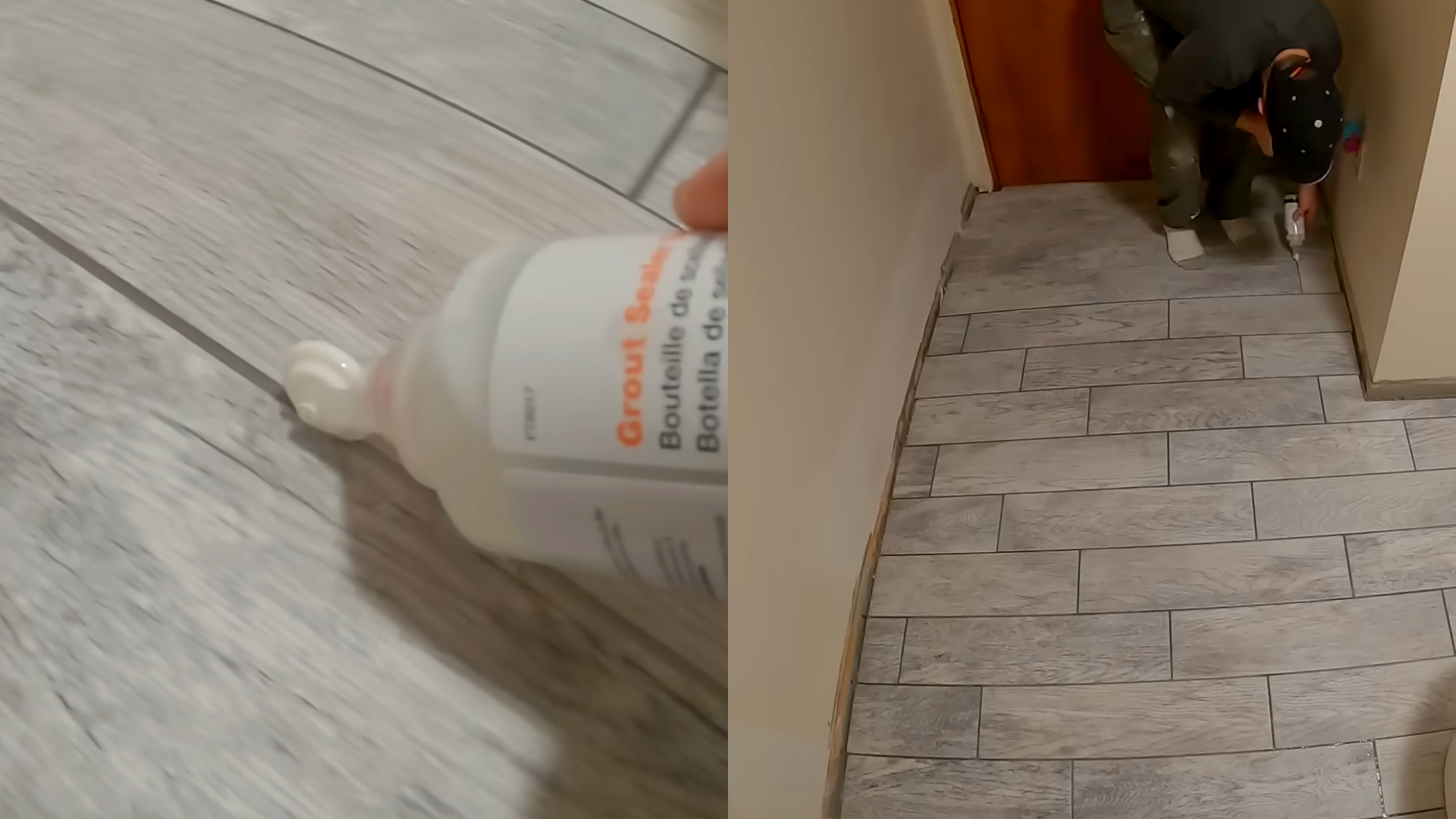 man adding gruot and sealing floor after installing tiles