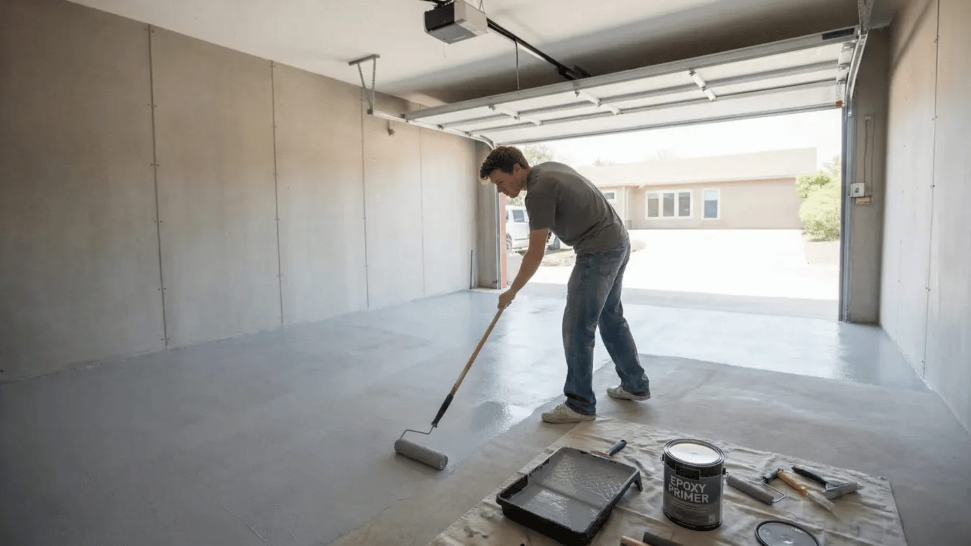 man applying primer coat to concrete garage floor with roller ensuring proper base layer for epoxy adhesion and coverage