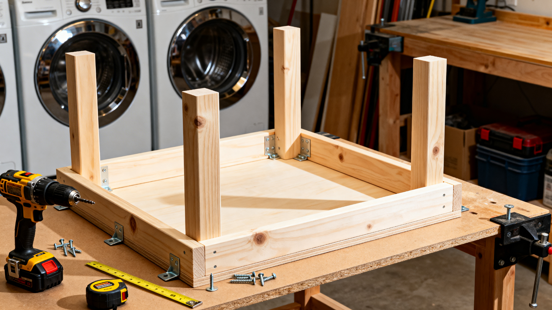 man assembling the base frame and installing posts for a washer dryer pedestal, using a drill to secure screws tightly