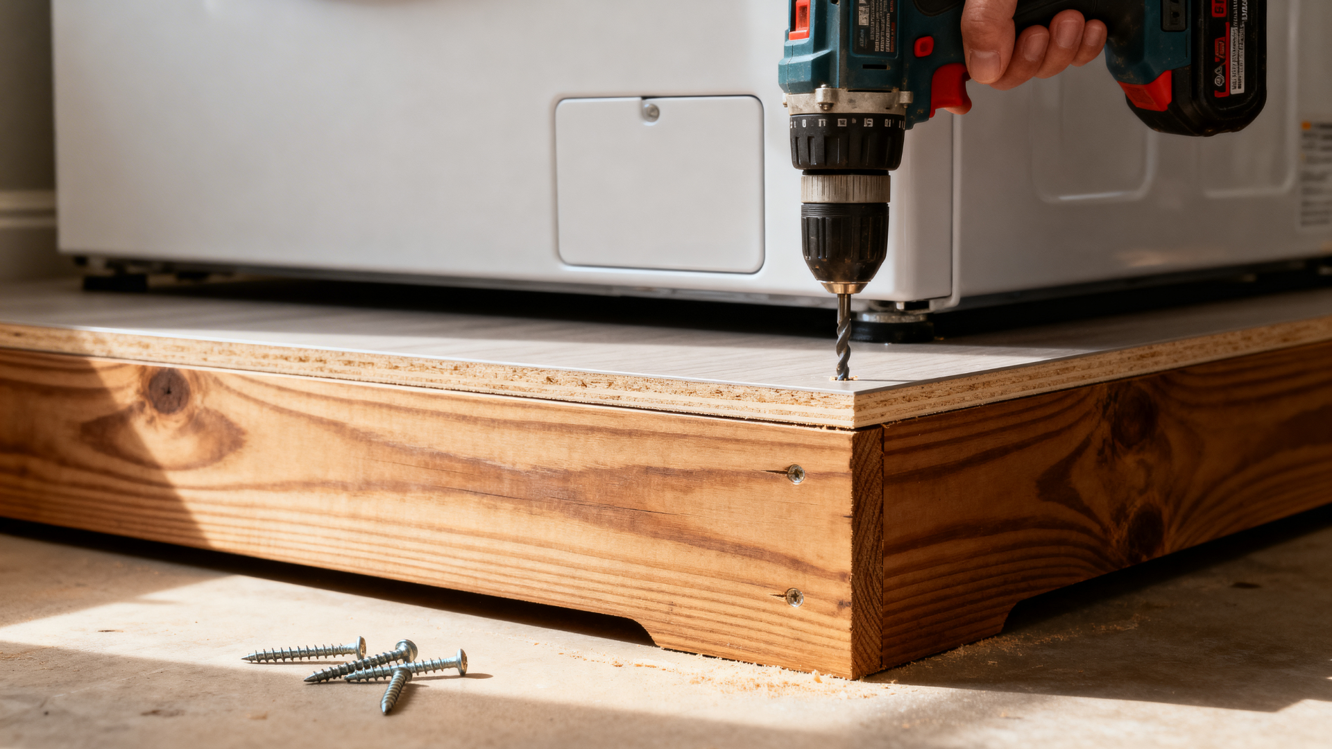 man attaching the top surface panel to the pedestal frame, driving screws evenly along the edges for a flush fit