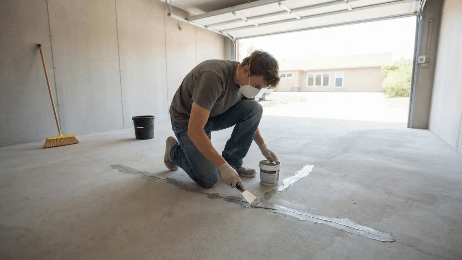 man filling cracks in concrete floor with repair compound to create smooth even base for epoxy coating