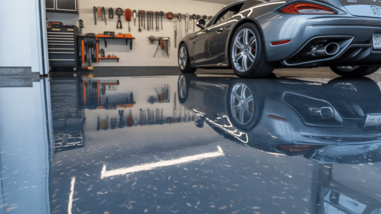 man installing DIY epoxy coating on garage floor following step-by-step process from surface prep to final protective topcoat