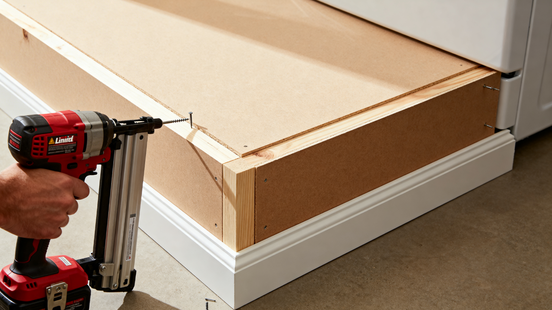 man installing front trim, side panels, and corner trim on the pedestal, clamping pieces in place for clean alignment