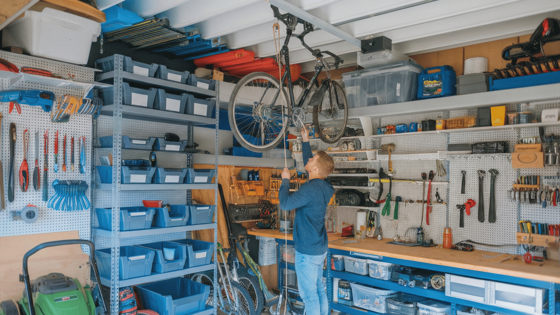 man organizing garage workshop, lowering bicycle from ceiling rack, with shelves, pegboard tools, and storage bins.
