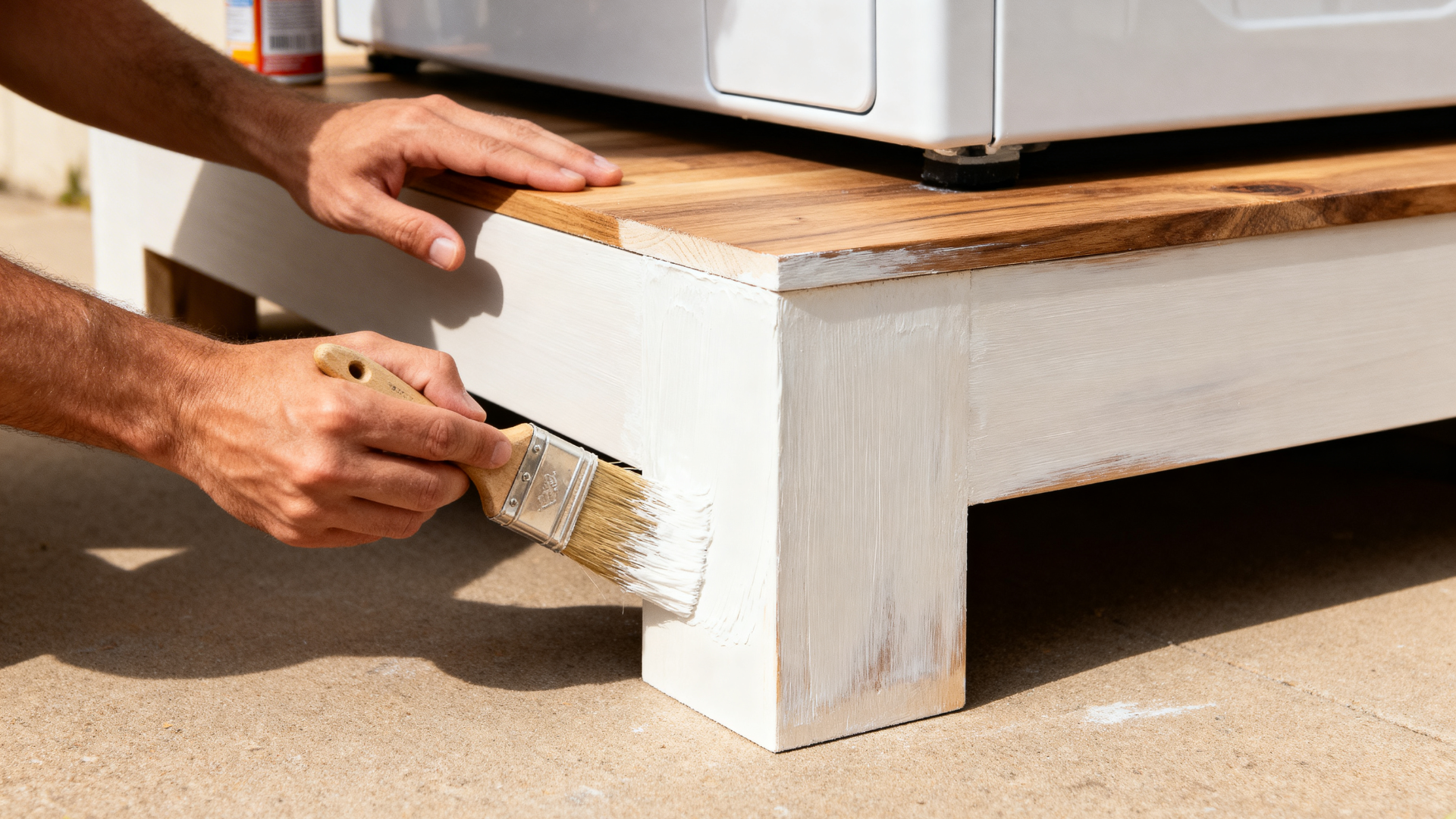 man painting the washer dryer pedestal with a paint brush, applying a smooth final coat for a clean, finished look