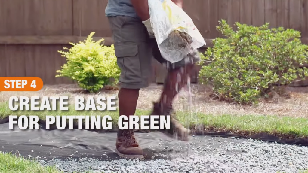 man pouring gravel to create base, text “Step 4 Create Base for Putting Green.”