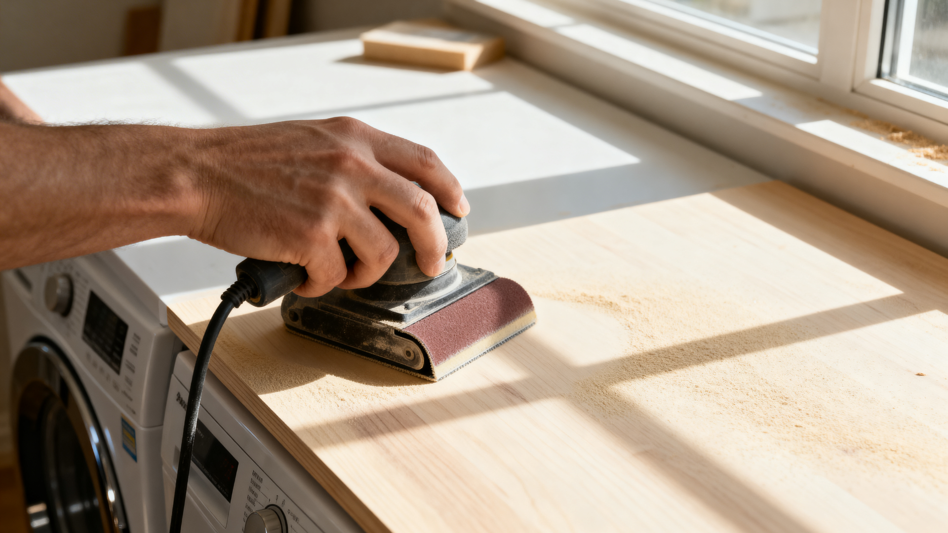 man sanding and priming the washer dryer pedestal, smoothing corners and brushing primer evenly across all surfaces