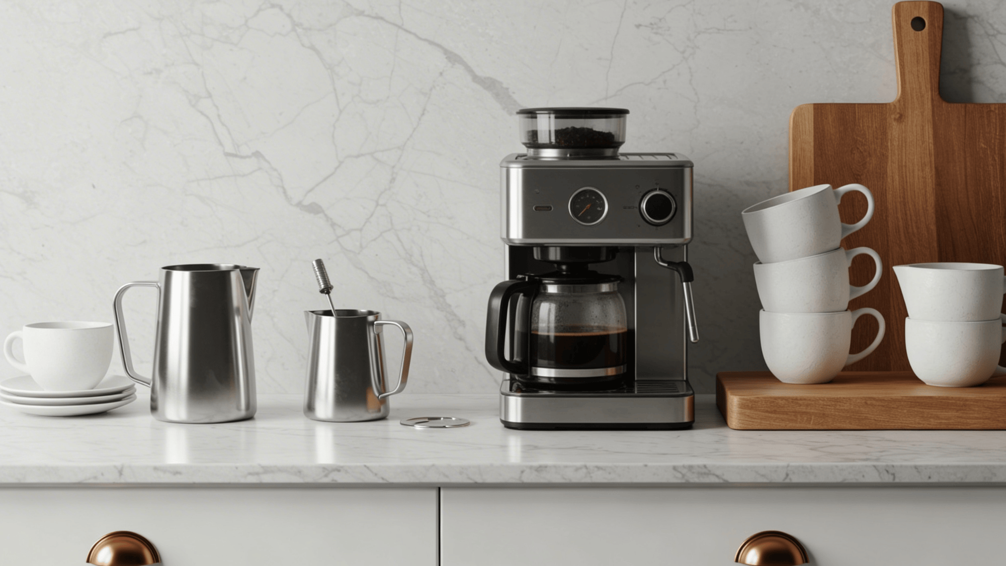 marble countertop coffee station with elegant accessories