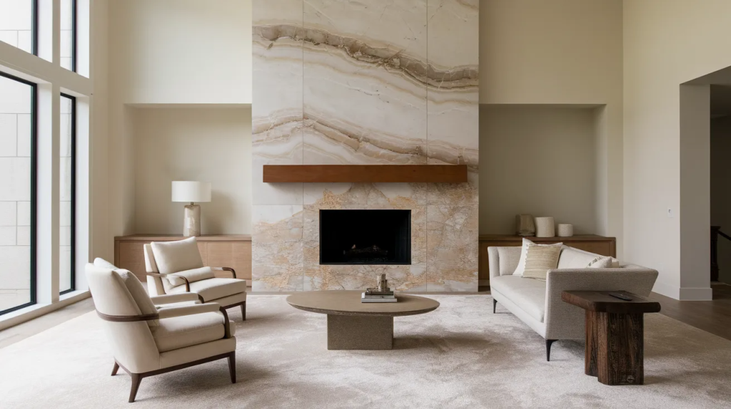marble style slab fireplace accent wall creating a clean and elegant focal point in a modern living room