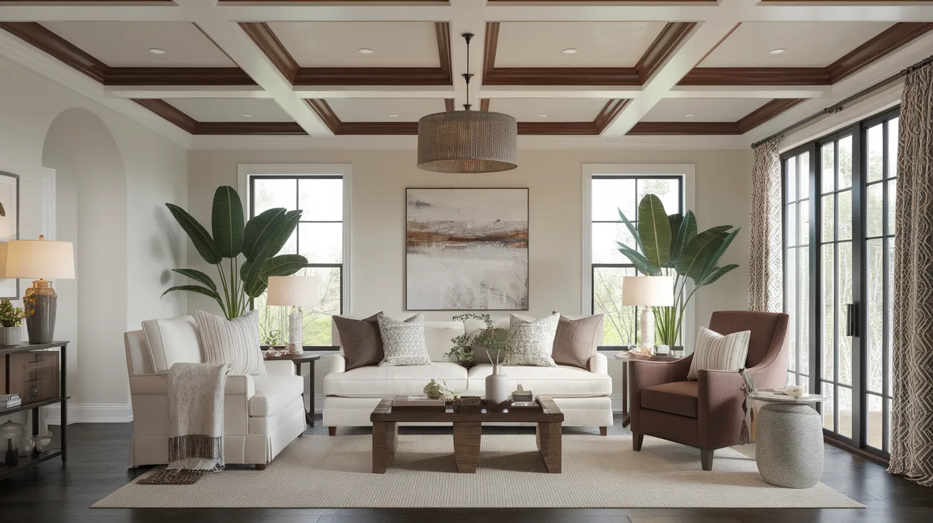 medium brown ceiling beams contrasting against a white ceiling in a living room