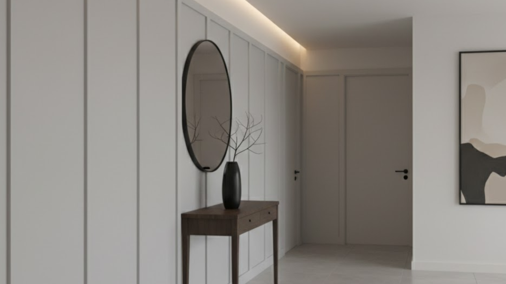 minimal board and batten hallway with wide spacing between panels for a clean and relaxed look