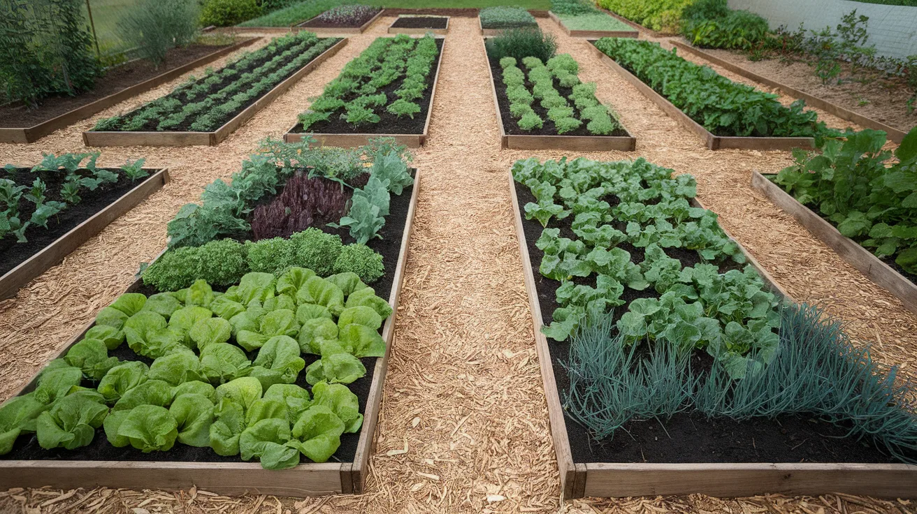 minimal care vegetable garden layout with wide spacing and mulched paths for easy upkeep
