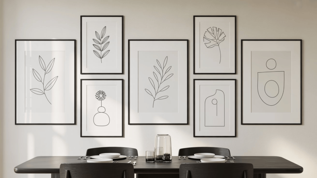 minimal dining room gallery wall with black framed line art prints above a dark table set with simple dinnerware