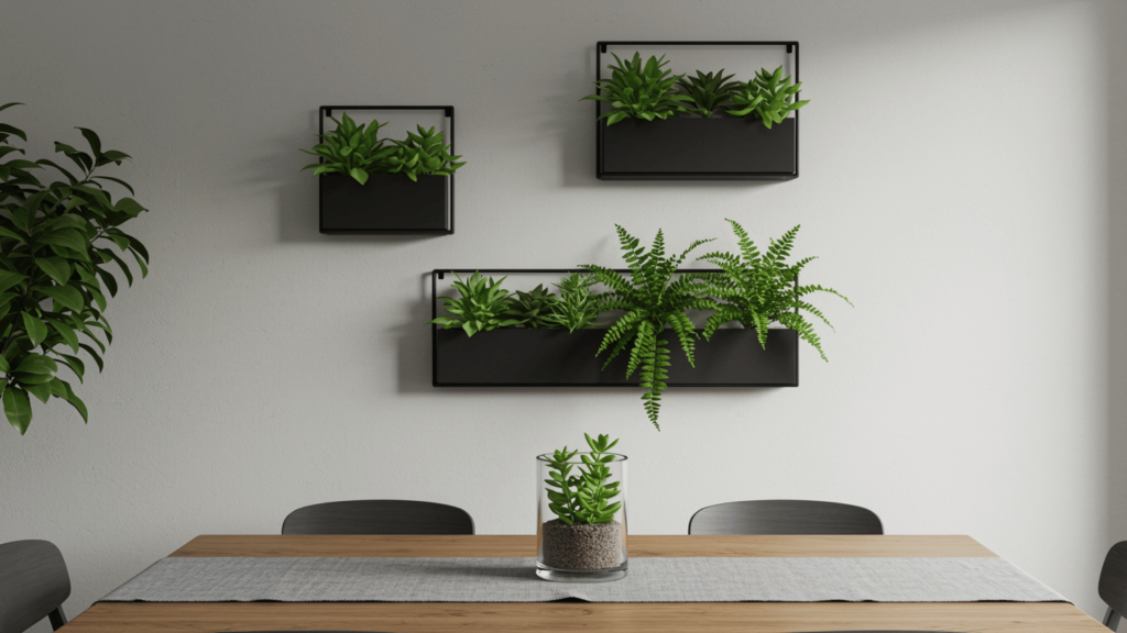 minimal dining room with black metal wall planters filled with lush green plants arranged above a light wood table, simple black chairs, and a neutral wall backdrop.