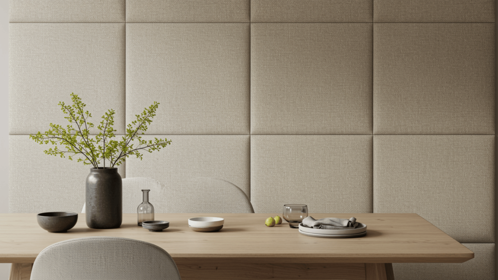 minimal dining room with soft linen fabric wall panels, light wood table, neutral chairs, and simple modern decor.