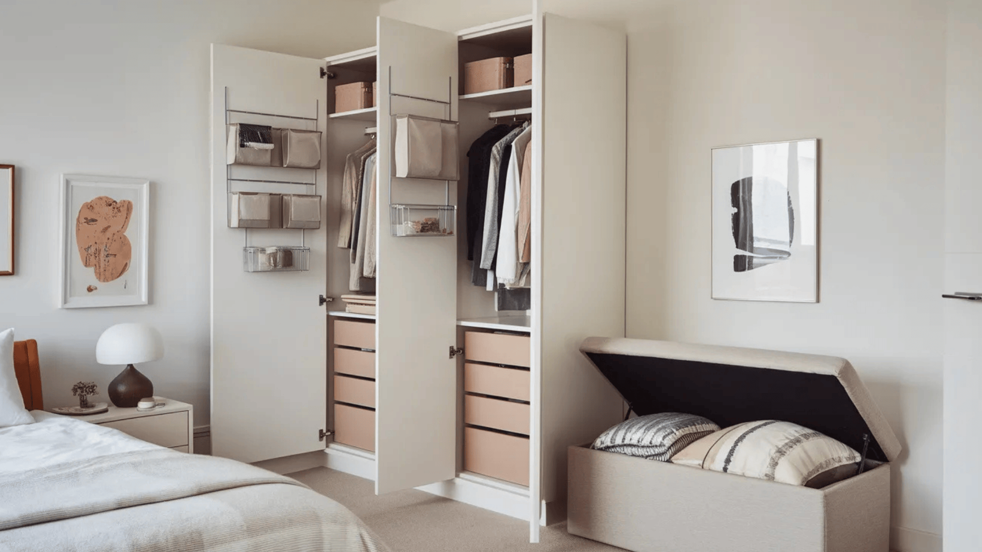 minimalist bedroom corner with an open wardrobe displaying clothes, storage baskets, and drawers, alongside a storage ottoman with pillows.