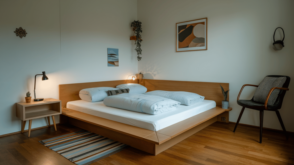 minimalist bedroom with low-profile wooden platform bed creating open and spacious atmosphere (2)