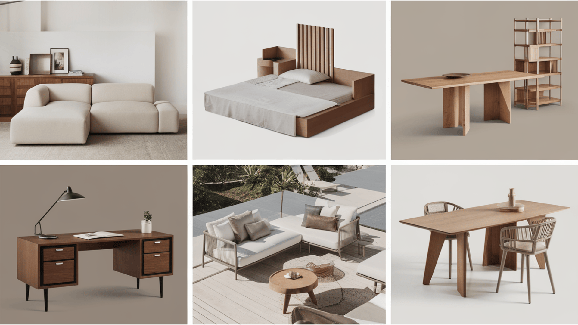 minimalist furniture grid with sectional, bed, dining table, desk, outdoor seating, and dining set in contemporary design