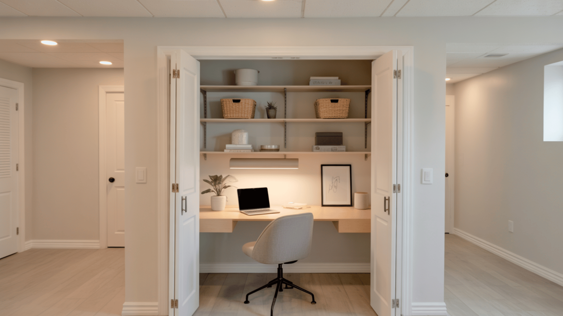 minimalist home office built into a closet with a wood desk, laptop, shelves, baskets, and warm lighting in a basement