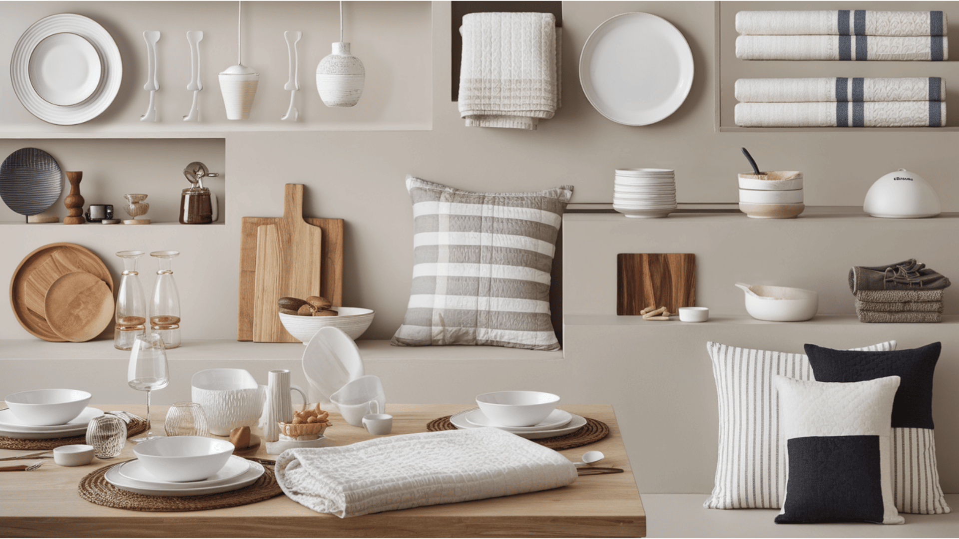 minimalist kitchen and bedding items with white dishes, cutting boards, striped towels, quilted bedding, and throw pillows
