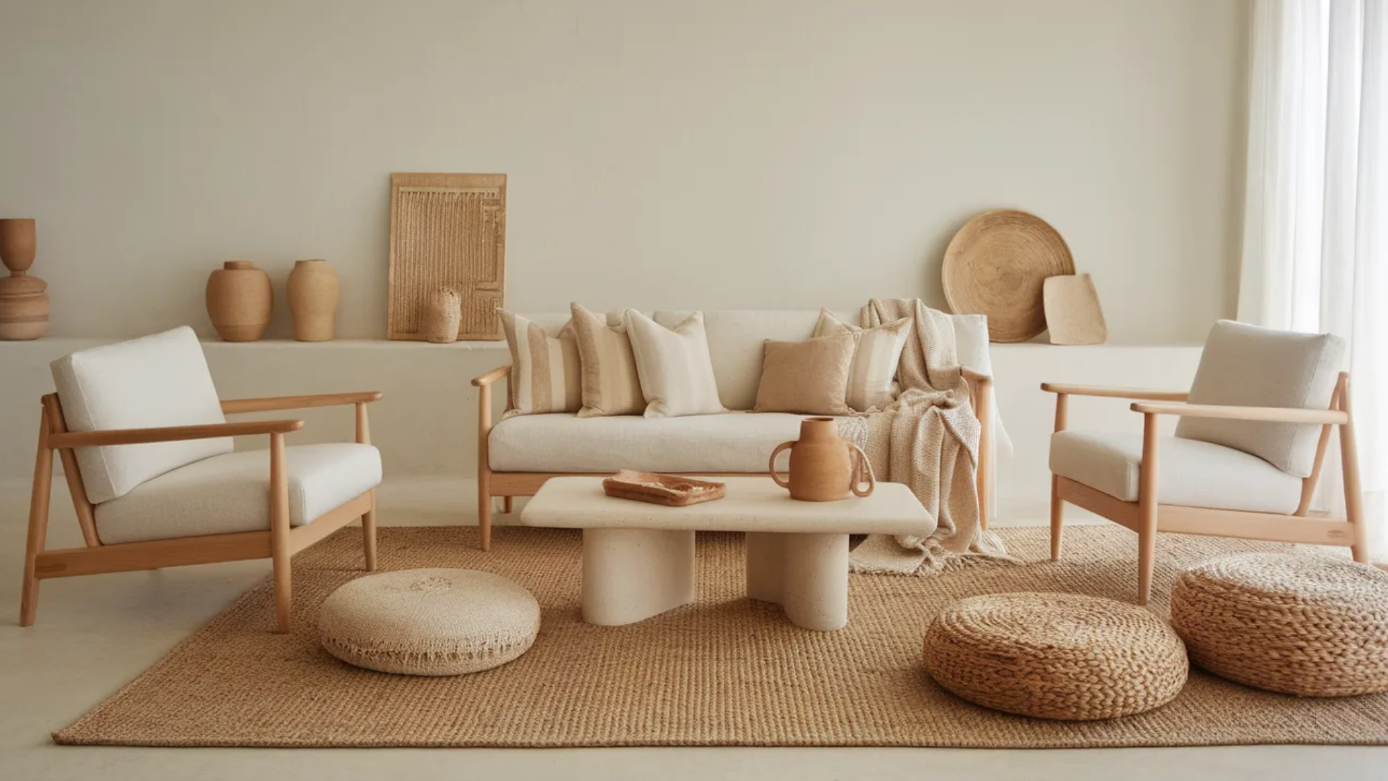 minimalist neutral living room with light wood sofa and chairs, beige cushions, woven rug, round poufs, and ceramic decor against a cream wall