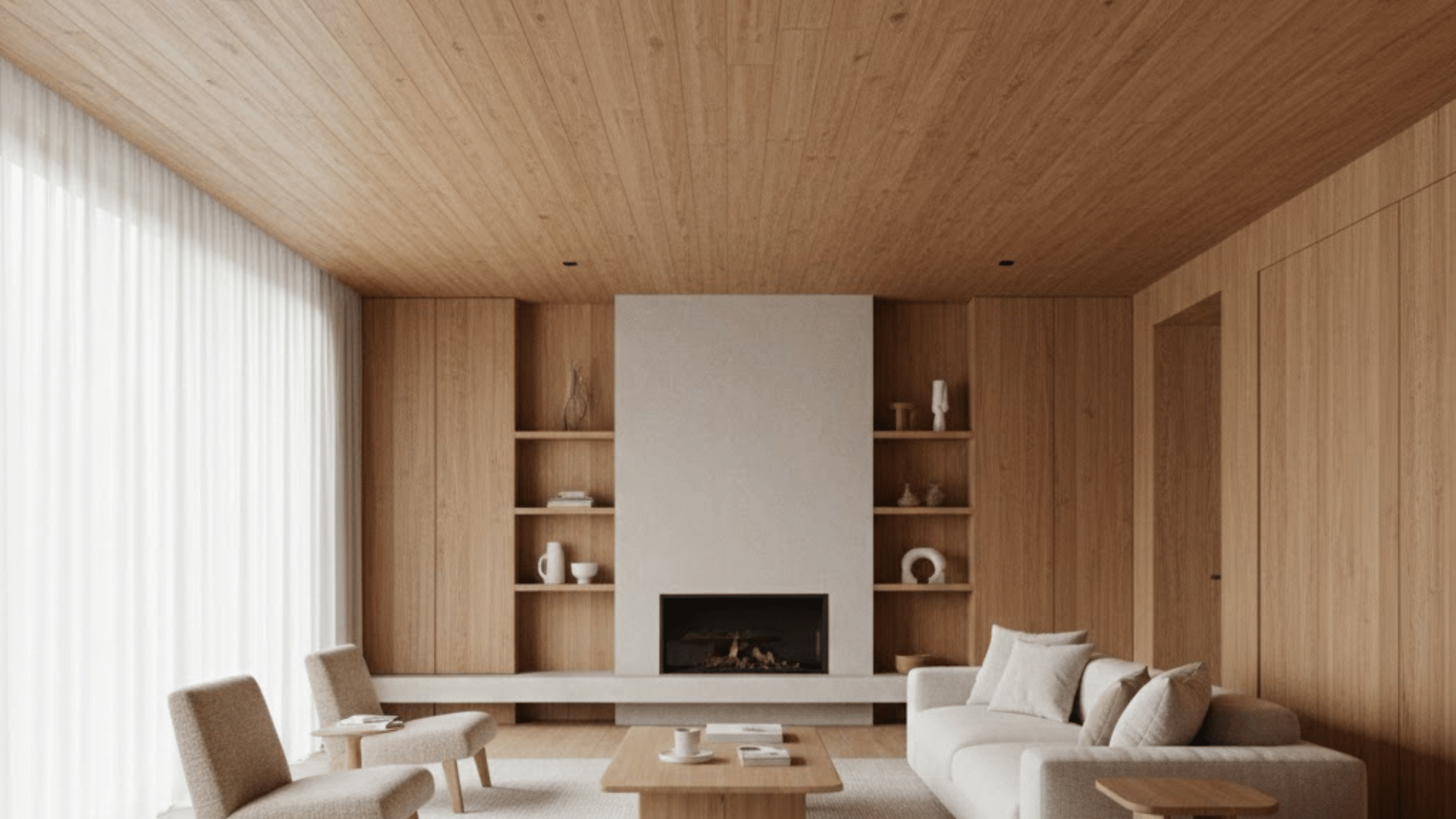 minimalist open-plan room with seamless wood panels on walls and ceiling, a modern fireplace, and neutral furniture.