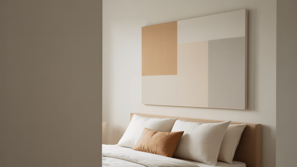 minimalist wall art above bed paired with neutral pillows and a soft accent cushion for balance