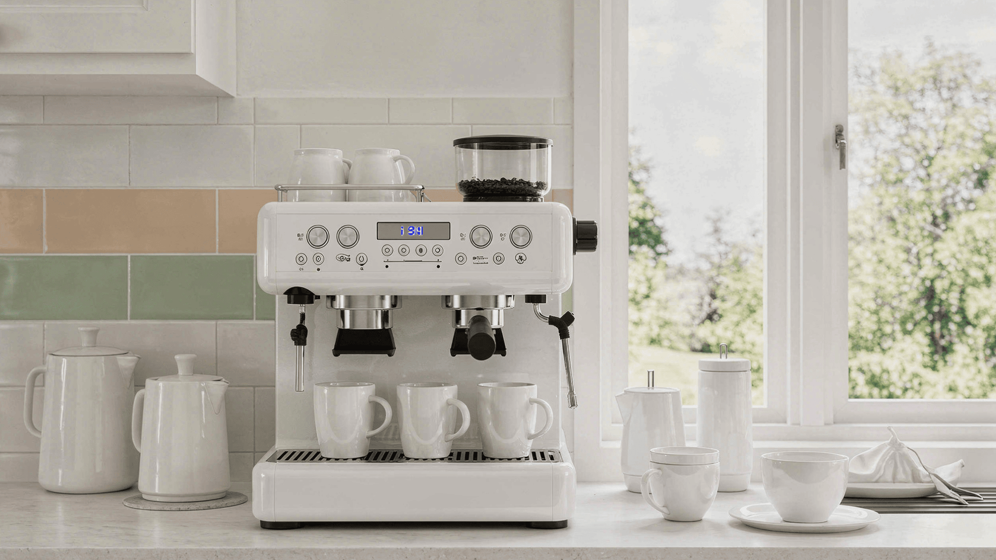 minimalist white coffee corner with clean accessories and white mugs