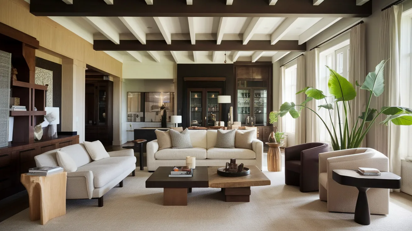 mixed wood tone ceiling beams combining light and dark finishes