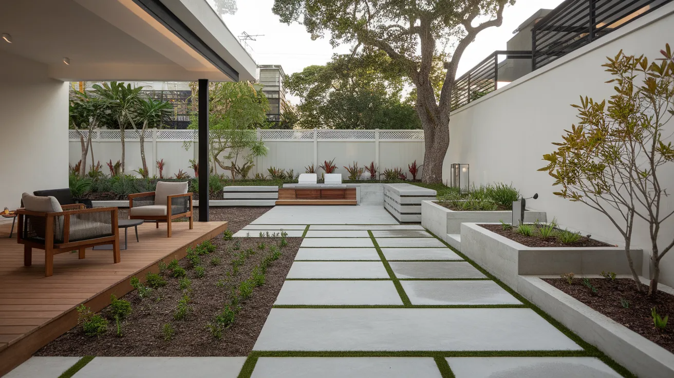 modern backyard design using open space as a feature, with minimal plants, clean hardscape, and uncluttered layout