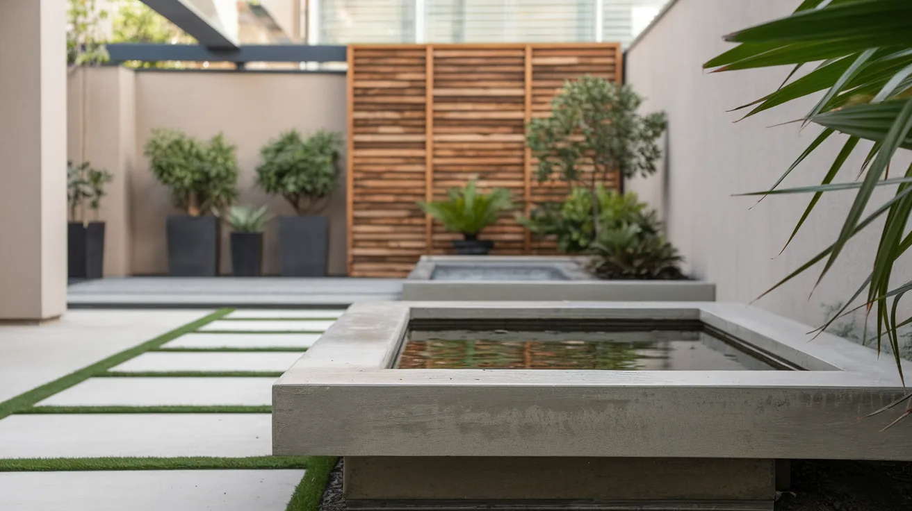 modern backyard featuring a simple water feature with clean lines, minimal planting, and a calm design