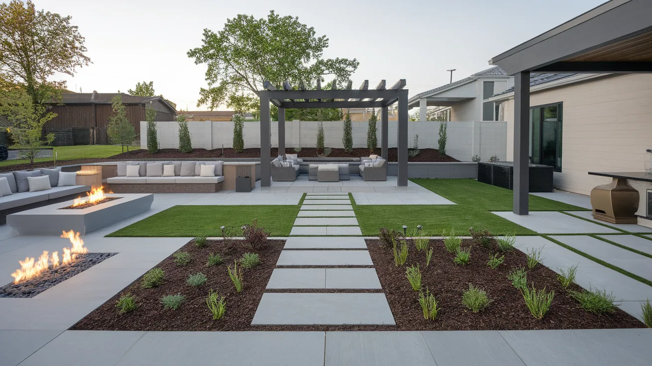 modern backyard landscaping with clearly defined zones using material changes to separate seating and dining areas