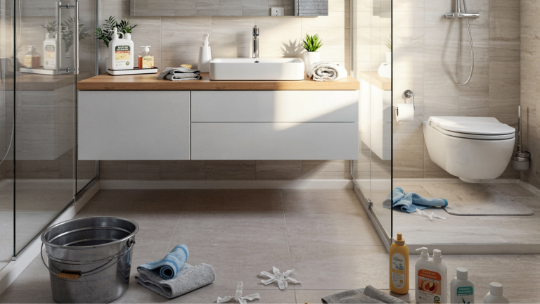 modern bathroom with sink, toilet, glass shower, cleaning supplies, bucket, and towels on tiled floor