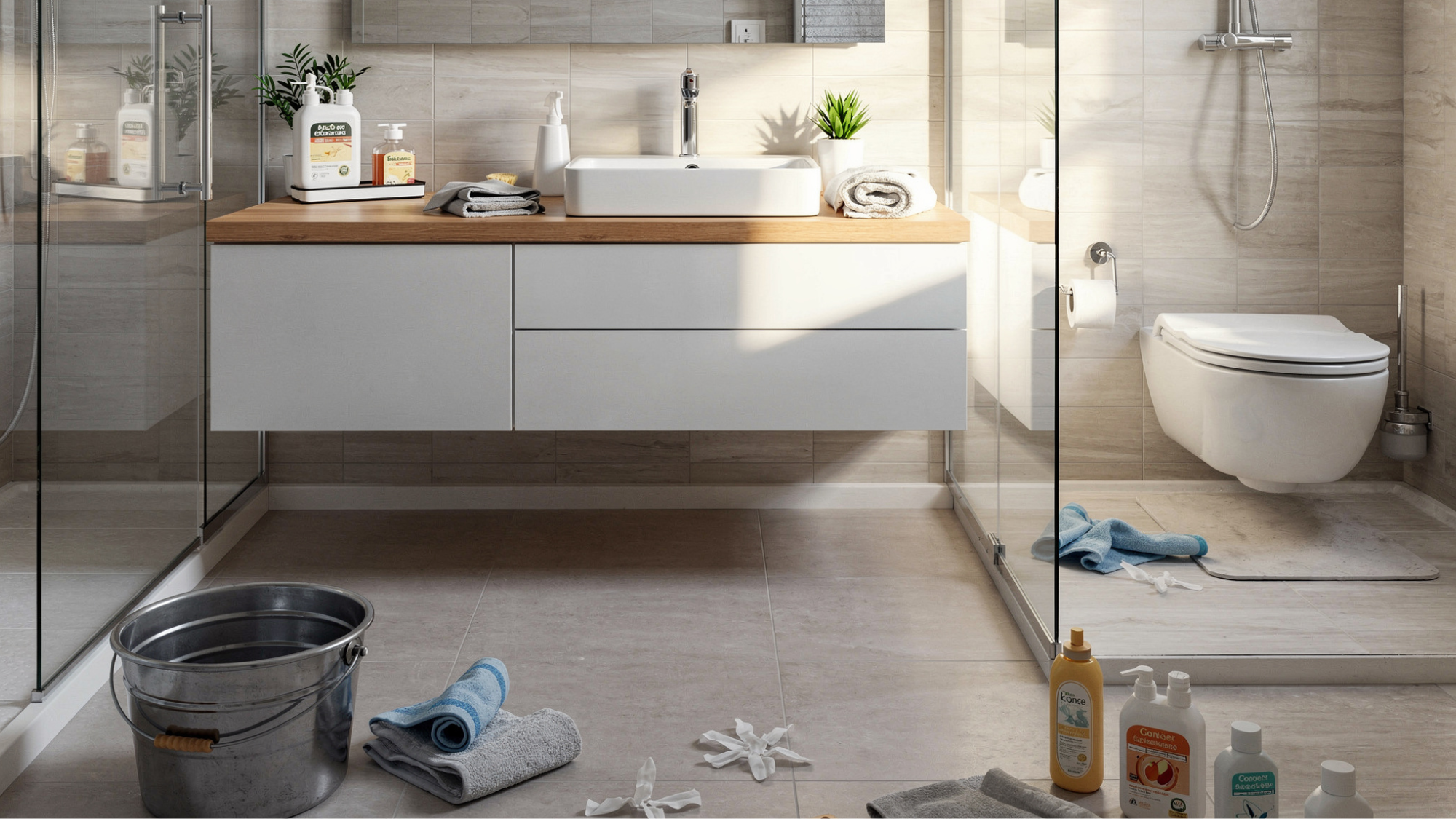 modern bathroom with sink, toilet, glass shower, cleaning supplies, bucket, and towels on tiled floor