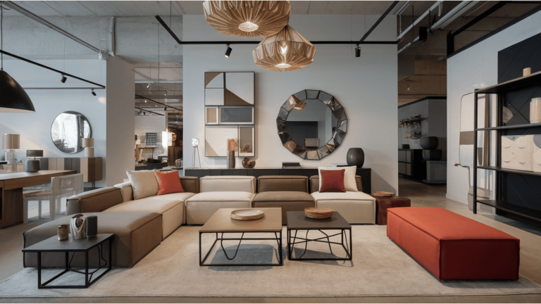 modern cb2 showroom with modular sectional sofa, industrial tables, geometric lighting, and orange accents in warehouse interior