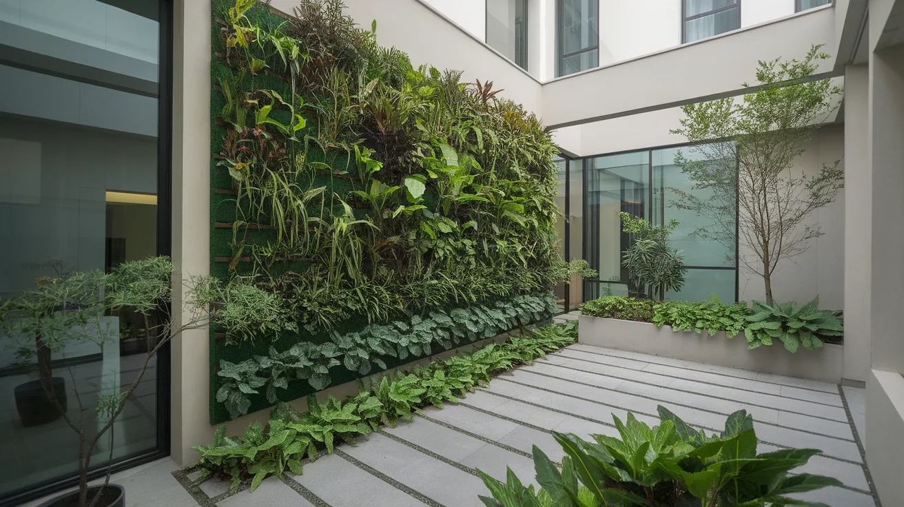 modern courtyard design featuring a vertical green wall that adds greenery while keeping the space clean and modern