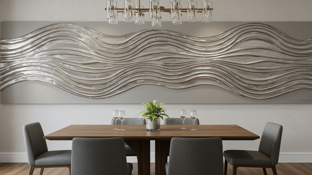 modern dining room featuring a large abstract metal wave wall sculpture mounted above a wooden dining table, paired with gray upholstered chairs, a glass chandelier, and minimal decor.