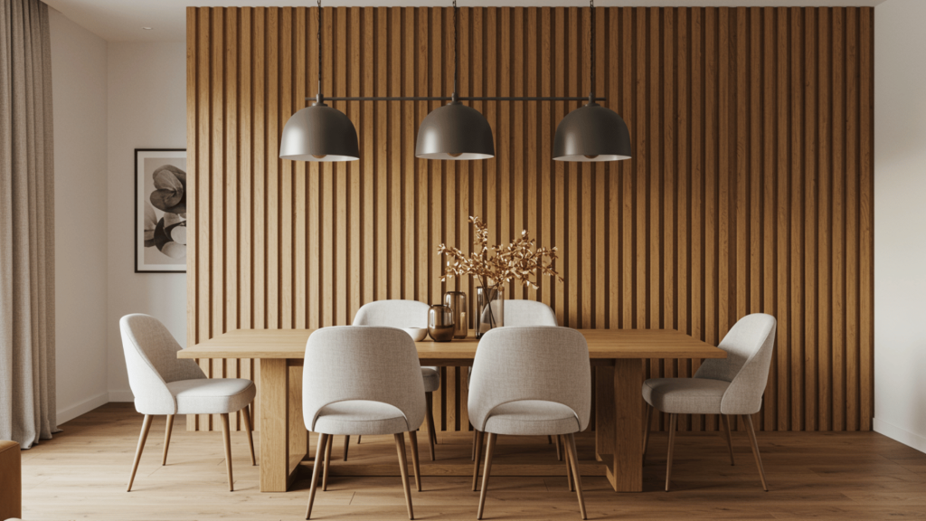 modern dining room with a full-height vertical wood slat accent wall in warm oak tones, adding texture behind a wooden table and neutral upholstered chairs.