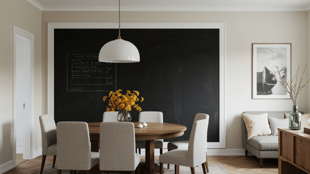 modern dining room with a large framed chalkboard wall, simple menu notes, round wooden table, soft neutral chairs, and warm decor.