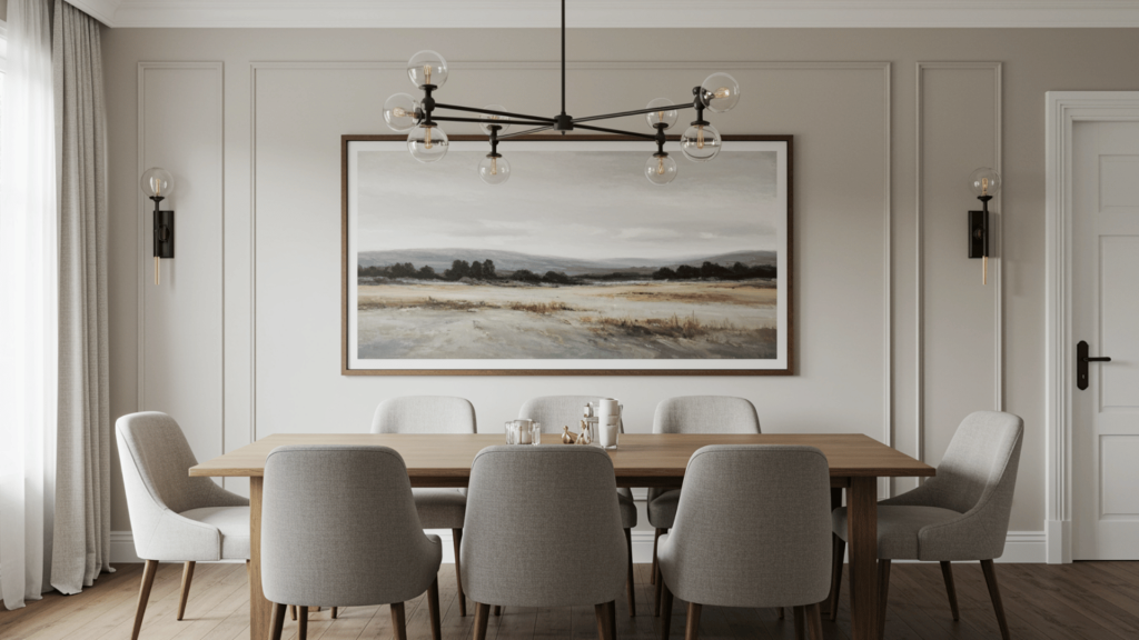 _modern dining room with a long wooden table, neutral chairs, and a large horizontal landscape painting centered on the wall, framed by wall sconces.