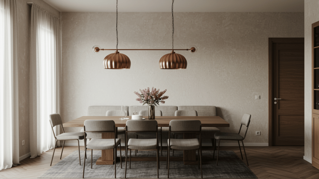 modern dining room with textured plaster wall, wooden table, upholstered chairs, copper pendant lights, and soft neutral decor.