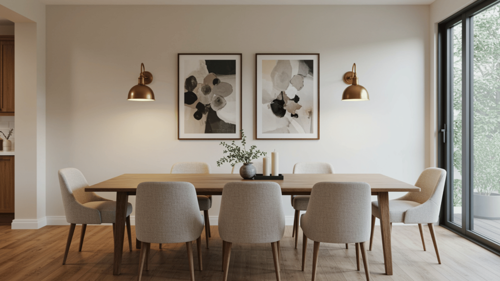 modern dining room with wooden table, upholstered chairs, abstract art, and matching brass wall sconces for layered lighting.