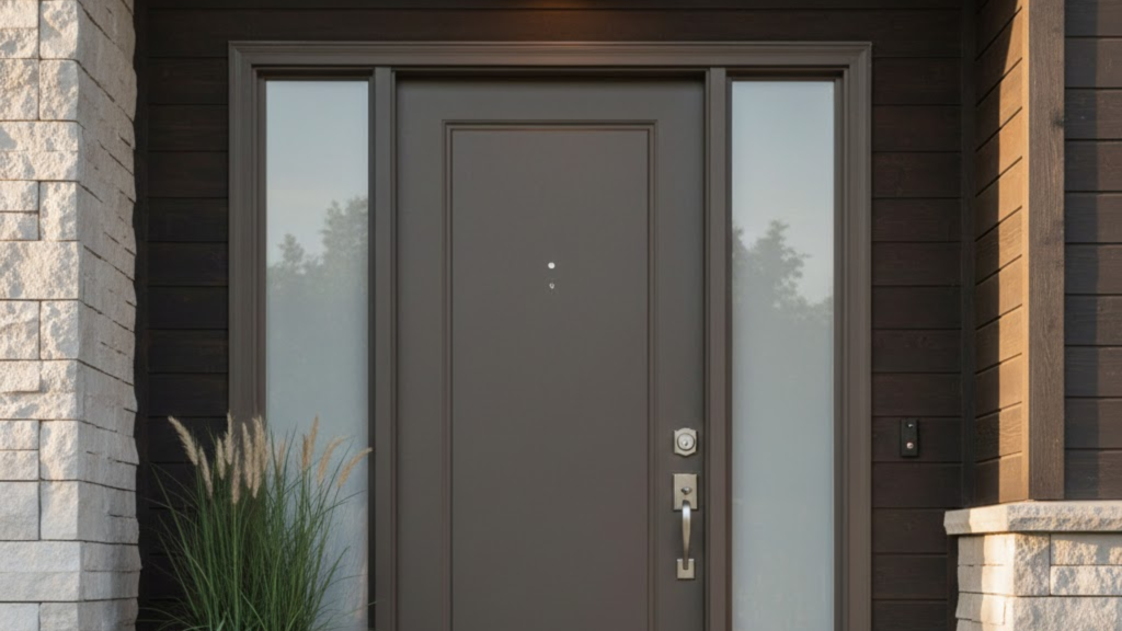 modern entry with a deep bronze front door, frosted sidelights, black planter, and warm stone and wood exterior.