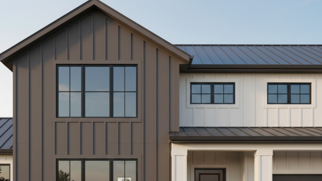 modern farmhouse exterior with Urbane Bronze siding, white trim, dark metal roof, stone base, and a warm wood front door.